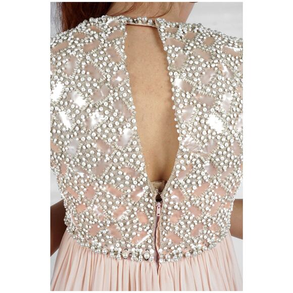 Vintage 60s Pink Silk Chiffon Maxi Dress Beaded Bodice Estelle Allardale | S/M - Picture 4 of 10